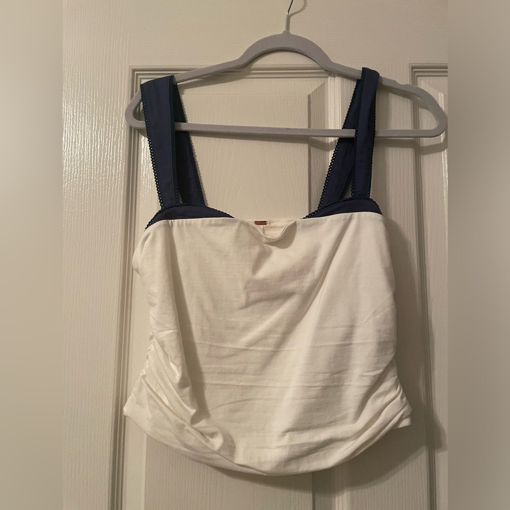 Free People White and Navy Tank Top